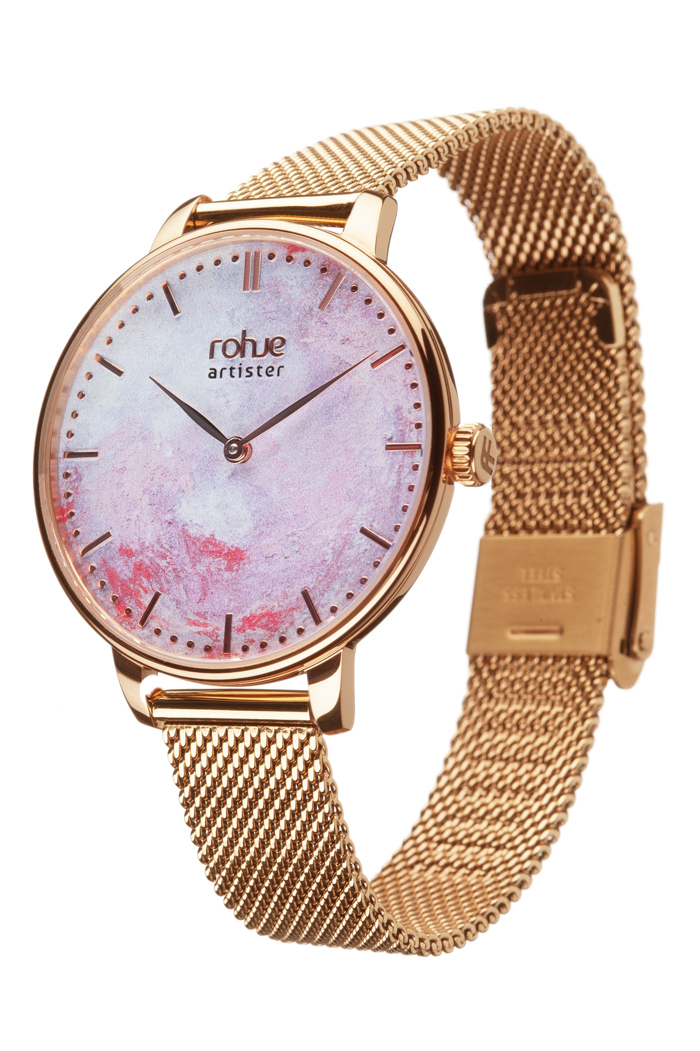 Rohje Artister Dreamy Pink with rose gold steel strap #strap_rose-gold-mesh