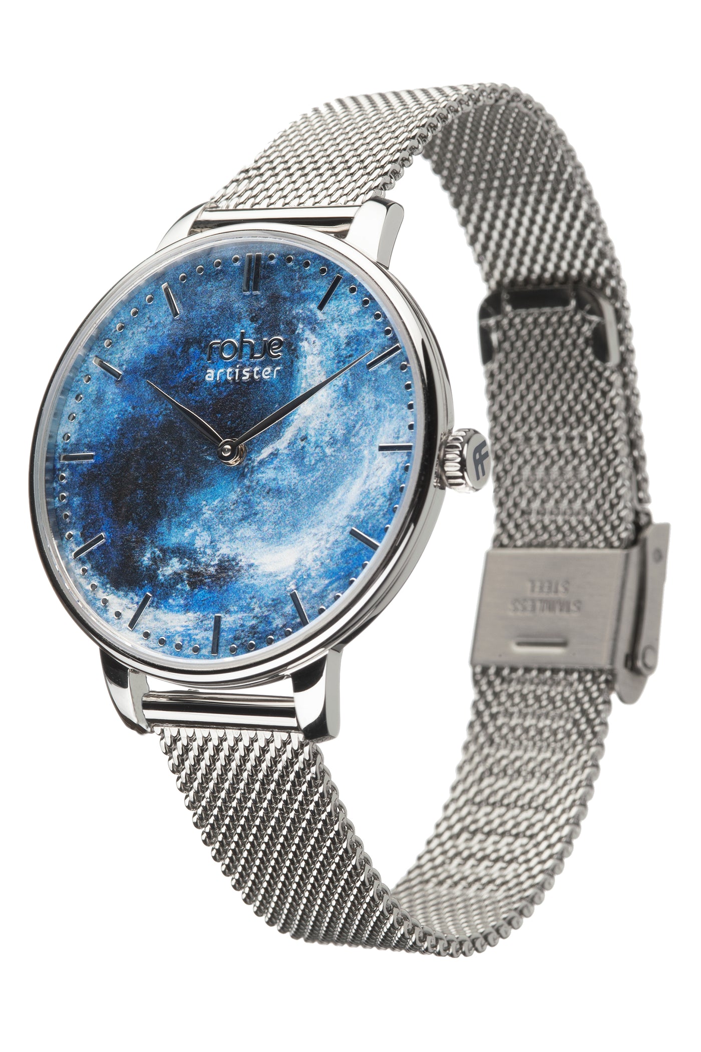 Rohje Artister blue with steel strap- silver watch with deep blue dial side #strap_silver-mesh