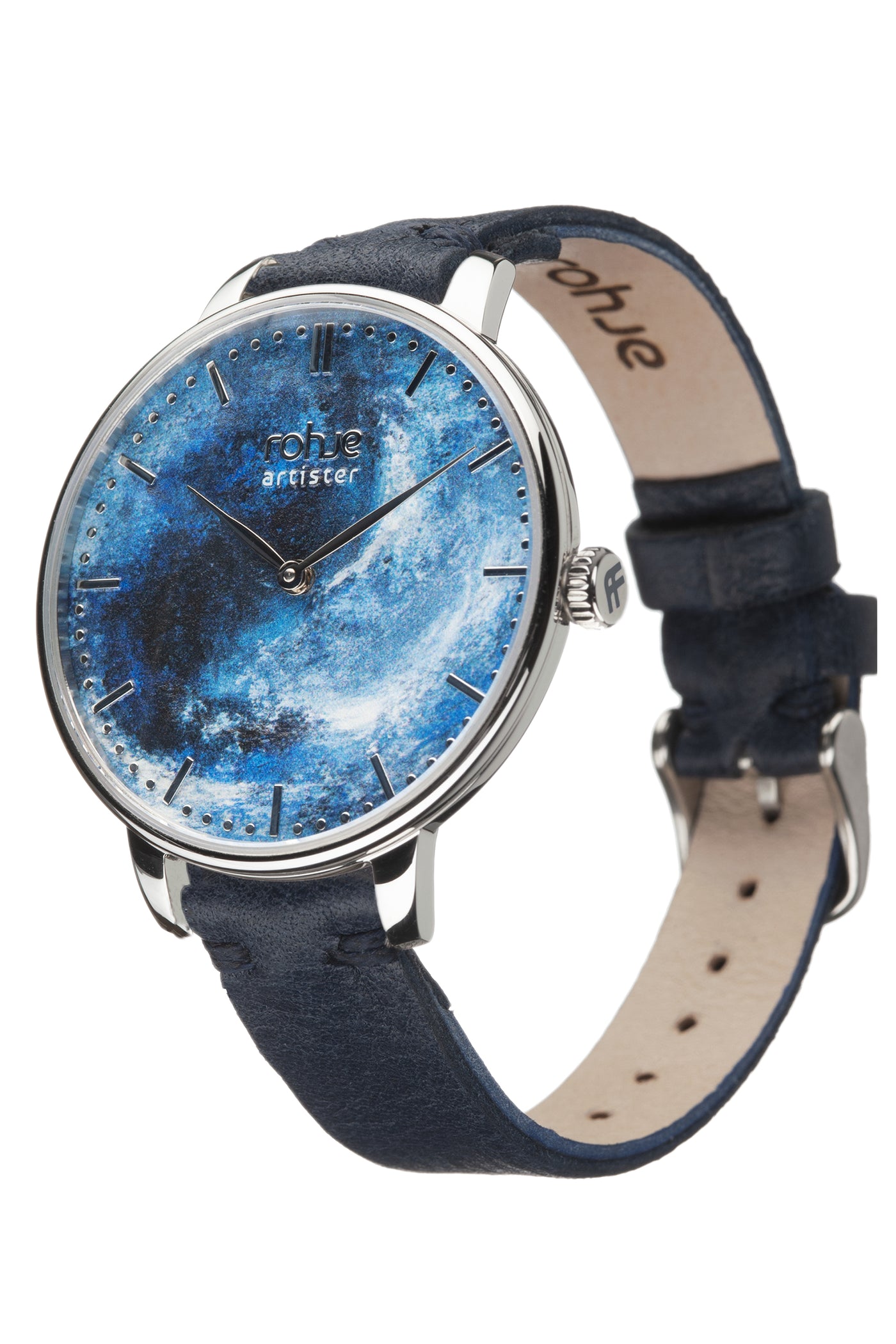 Rohje Artister blue with reindeer strap steel watch with deep blue dial front #strap_dark-blue-reindeer-leather